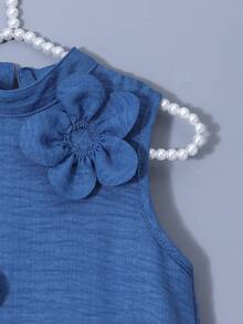 Girls' Cute Niche Design Sky Blue Sleeveless Dress With 3D Floral Decor,Stand Collar Pleated Hem Skirt,Elegant Summer Party Kids Everyday Wear - Blue - View 4