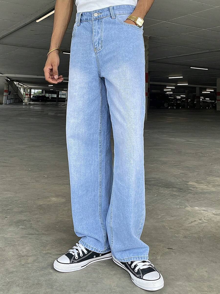 Ngobest Haus Ngobest Haus Celana Jeans Pria Warna Biru Muda Pudar Gaya Vintage Street Style Longgar Potongan Lurus, Gaya Emo - Mint Blue - View 1