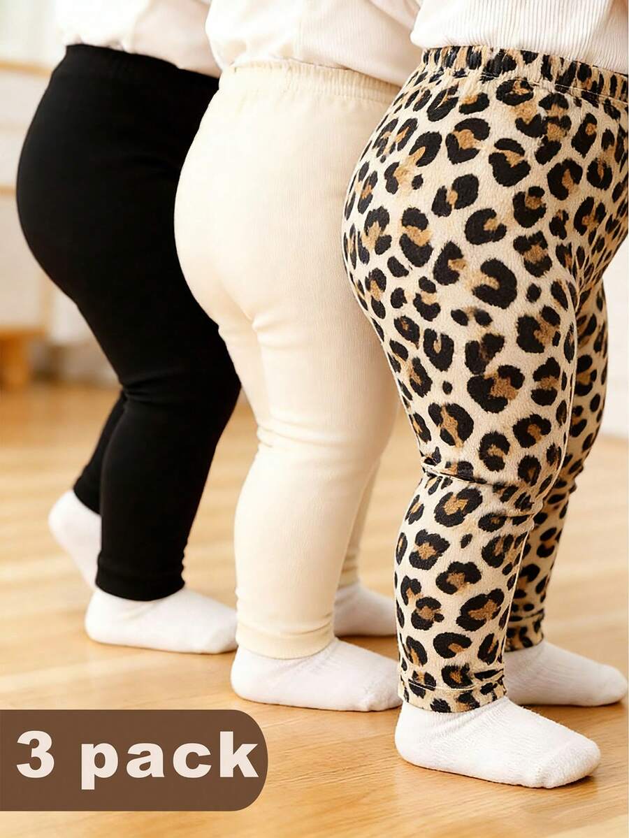 SHEIN Bộ 3 món quần legging thời trang họa tiết da báo cho bé gái, chất liệu vải dệt kim màu trơn thoải mái, thích hợp cho mùa xuân và mùa thu, mặc hàng ngày và hoạt động ngoài trời. - Màu Khaki - Xem 1