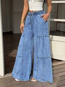 Sunnyshic Quần jeans nữ thường ngày cạp chun màu trơn - Màu xanh lam - Xem 3