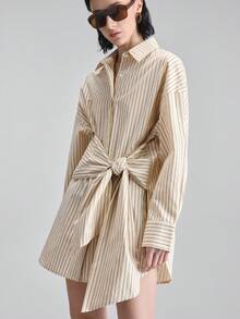 Ontre 女士宽松圆领条纹长袖连衣裙，配腰带，杏色底色搭配棕色条纹，面料柔软舒适，商务、休闲、办公等场合皆宜，优雅时尚。 - 彩色 - 查看 5