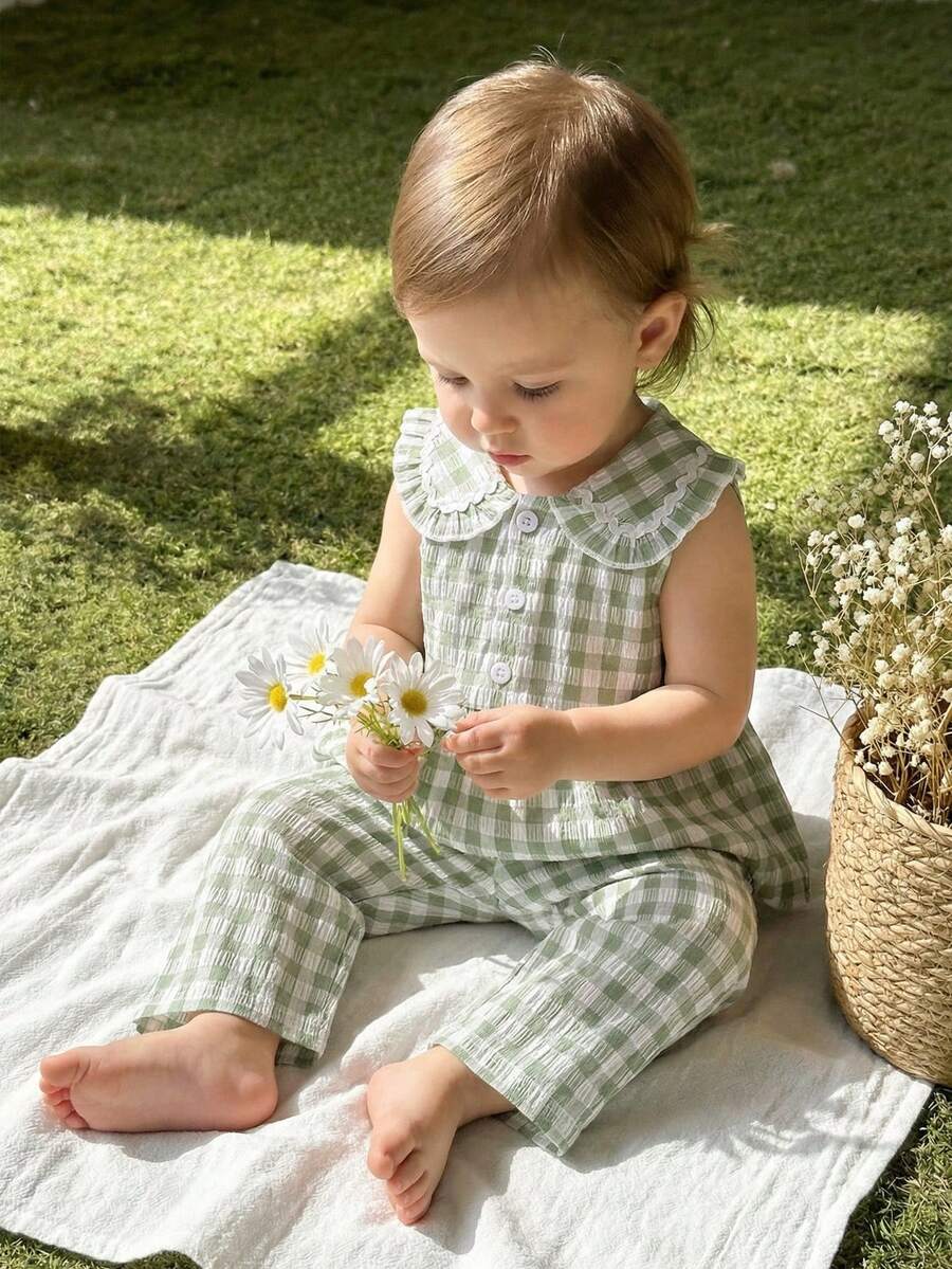 SHEIN Vintaside Kids Two Pieces Set For Baby Girls Cute And Stylish Light Green Plaid Sleeveless Top And Pants, Preppy Spring/Summer Outfit - Green - View 1