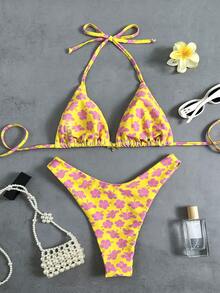 Swim Mod 女士热带波点印花荷叶边两件式比基尼套装，侧边系带，可爱沙滩度假休闲比基尼套装 - 彩色 - 查看 2