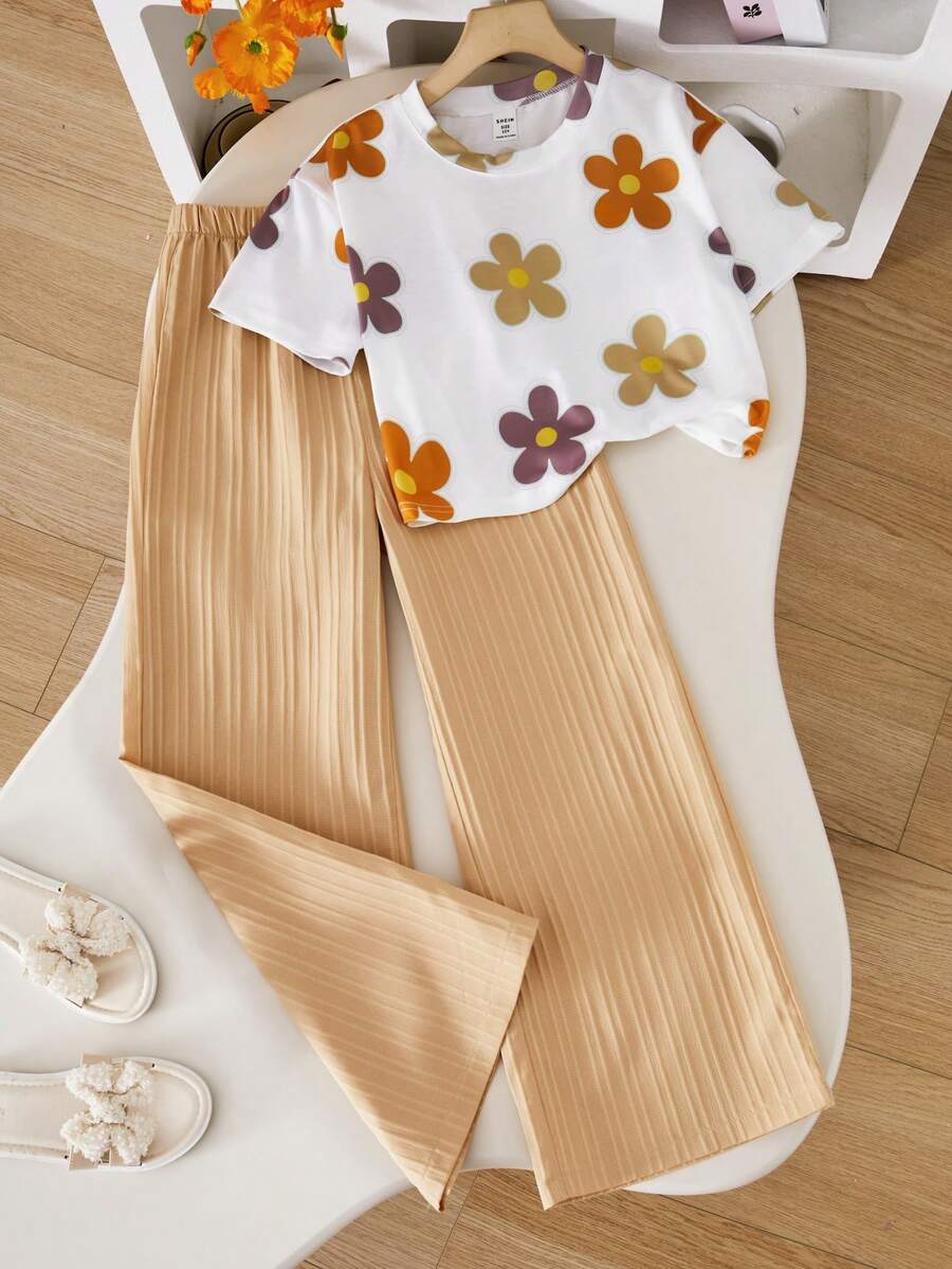 Sparklyn 2pcs/Set Girls Floral All-Over Print T-Shirt And High Waist Textured Wide Leg Pants Set - Khaki - View 1