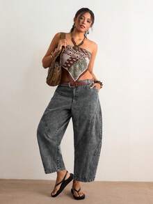 Freevana Quần jeans ống rộng lửng màu trắng, kiểu dáng thoải mái, đa năng, phong cách retro bohemian mới năm 2026, cạp cao, dáng suông ôm sát tôn dáng dành cho nữ. - màu đen - Xem 6