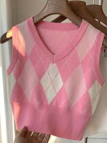 SHEIN Comfortcana Áo vest dệt kim cổ chữ V họa tiết hình thoi dành cho nữ, kiểu dáng thường ngày, đa năng, thích hợp cho mùa thu/đông. - Màu Hồng baby - Xem 3