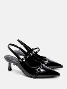 CUCCOO CURVES Tacones altos de moda versátiles de uso diario con diseño de hebilla y punta puntiaguda, de ajuste ancho para mujeres - Negro - Ver 7