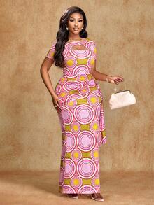 Brilight 女士优雅性感连衣裙，前开襟设计。南非传统服饰。适合派对和下午茶场合。艺术印花。春夏时尚色彩。艺术摄影礼服。音乐节服装。夏季女装。 - 粉色 - 查看 4