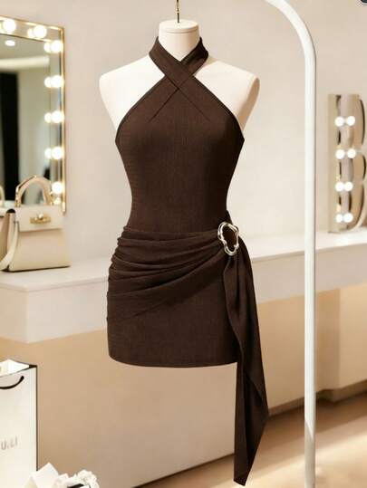 Franclia 女士新款扭结露背无袖修身短裙