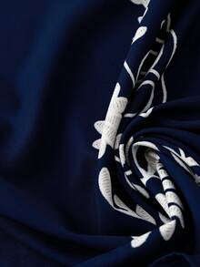 EMERY ROSE Women's Plus Size Navy Blue Summer Boho V-Neck Pearl Button Embroidered Floral Print Loose Raglan Short Sleeve Blouse Top,Vacation Holiday Commuter - Navy Blue - View 4