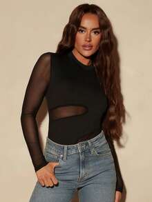 Sirith Women's Fashion Solid Color Mesh Patchwork Long Sleeve Bodysuit - Black - View 5