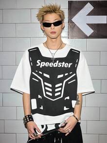 ROMWE MEN Street Life 男士功能性仿马甲印花圆领短袖休闲T恤 - 黑與白 - 查看 4