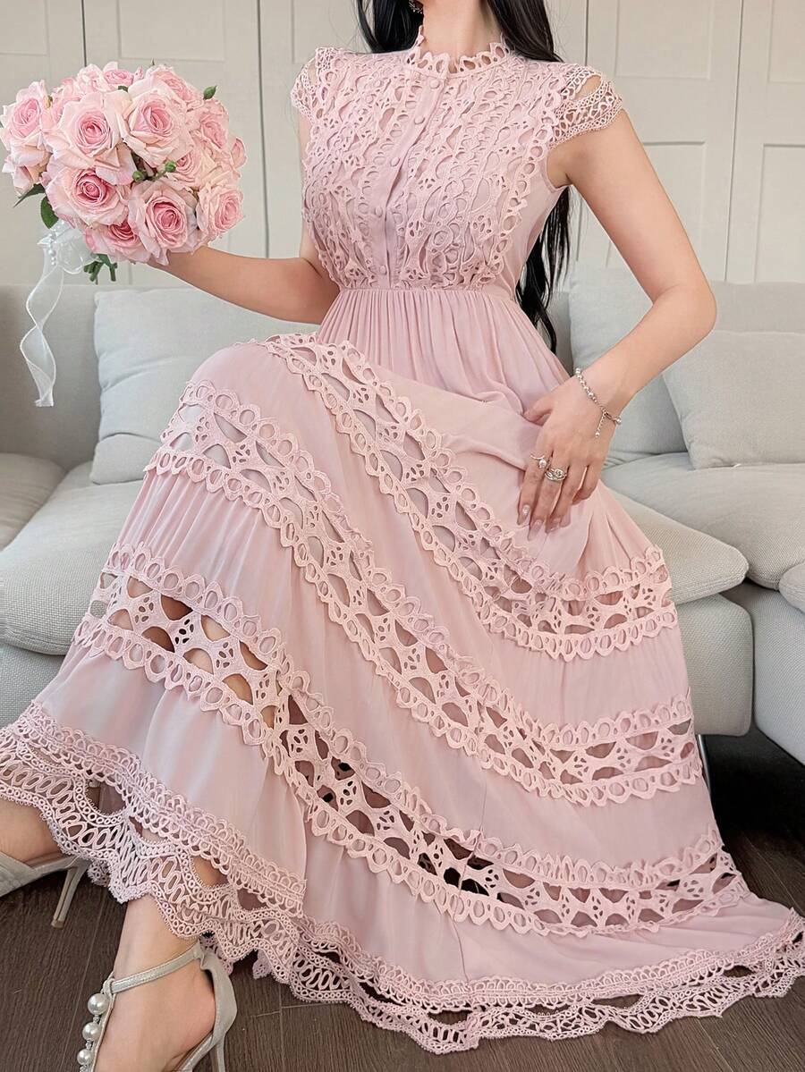 DAZY 优雅无袖蕾丝拼接镂空刺绣立领收腰连衣裙,适合女士参加婚礼的宾客,夏季阳光连衣裙 - 淺粉色 - 查看 1