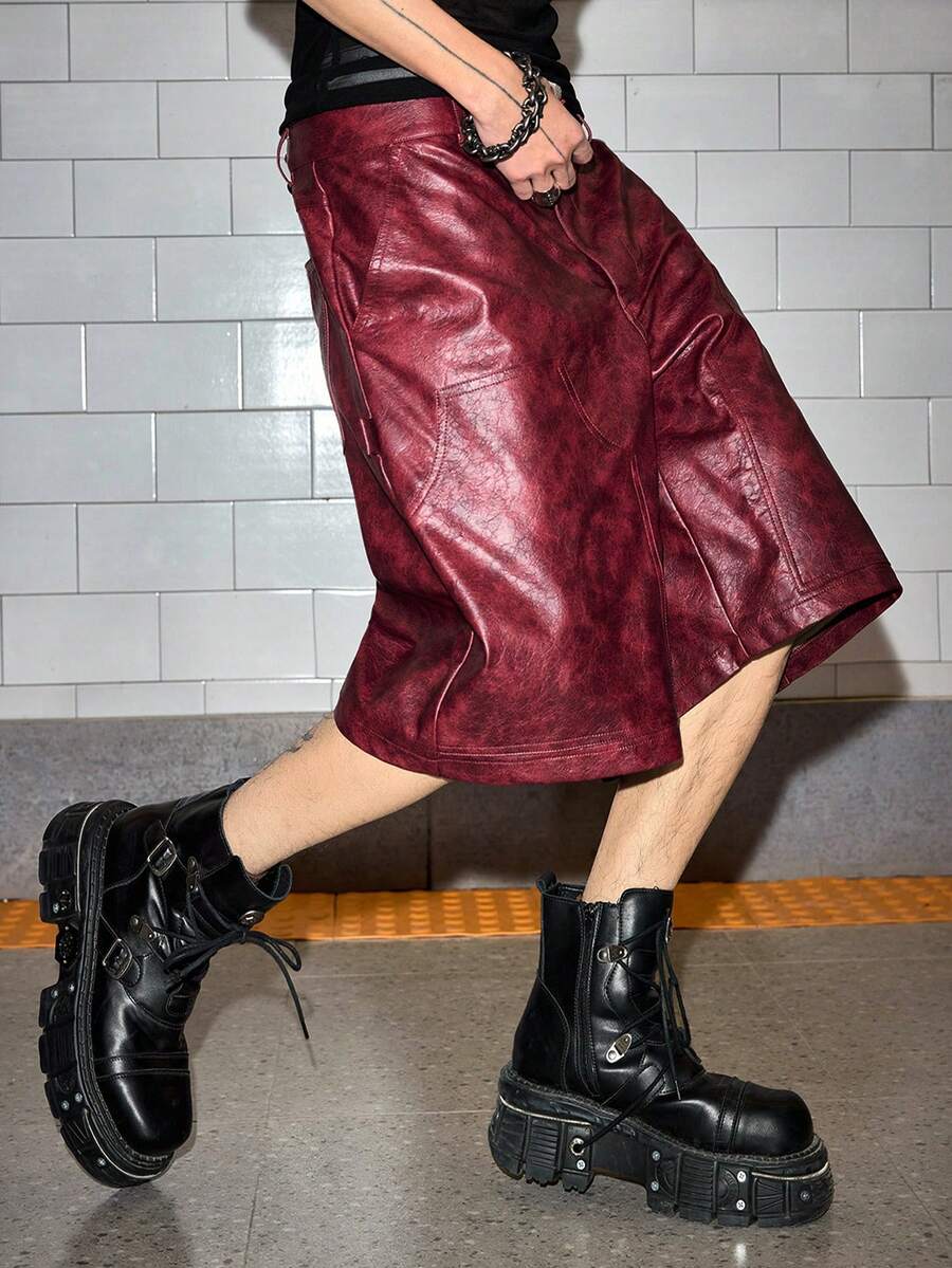 ROMWE MEN Street Life 男士休闲时尚街头宽松阔腿百慕大短裤，PU皮革材质 - 酒紅色 - 查看 1