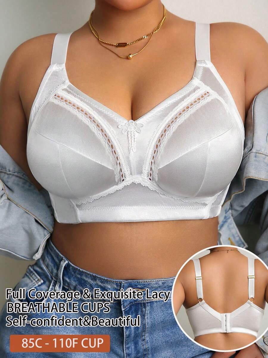 DesireSculpt Sujetador inalámbrico con encaje romántico y recogido para mujer de talla grande - Blanco - Ver 1