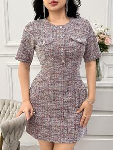 DAZY Women's Elegant Round Neck Textured Faux Pocket Midi Dress, Summer Wedding Guest Dress Sundress - Pink - View 7
