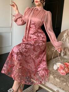 DAZY Đầm dài ngang gối thanh lịch dành cho nữ, phối sequin, cổ bèo nhún, tay phồng, thích hợp cho dự tiệc cưới mùa xuân/hè, đầm maxi hoặc đầm mùa hè. - Hồng - Xem 14