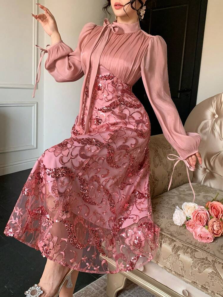 Women's Elegant Sequin Patchwork Flounce Collar Puff Sleeve Mid-Length Dress, Spring/Summer Wedding Guest Dress Maxi Dress Sundress Floral Dresses For Women