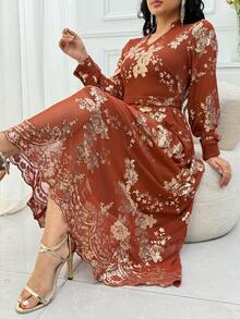 DAZY 女士优雅亮片印花立领连衣裙，春夏婚礼宾客礼服/吊带裙 - 亮橙色 - 查看 1