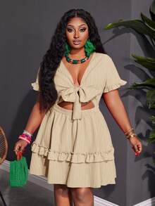 Slaydiva Plus Size Women's Boho Beige Summer Mini Dress,Holiday Night Out Club Chest Tie Front Ruffle Trim A-Line Casual Vacation Short Sleeve - Apricot - View 9