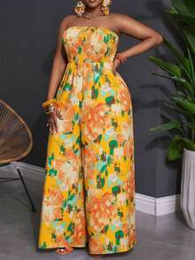 Slaydiva Bộ jumpsuit ống rộng dáng ôm họa tiết hoa, chất liệu vải dệt in kỹ thuật số, dành cho kỳ nghỉ biển mùa xuân/hè 2025, cỡ lớn, dành cho nữ. - Màu vàng - Xem 7