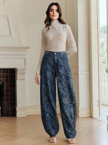 Anewsta 女士高腰宽松休闲印花蓝色喇叭牛仔裤，修身设计，适合情人节、春秋季穿着。 - 藍色 - 查看 7