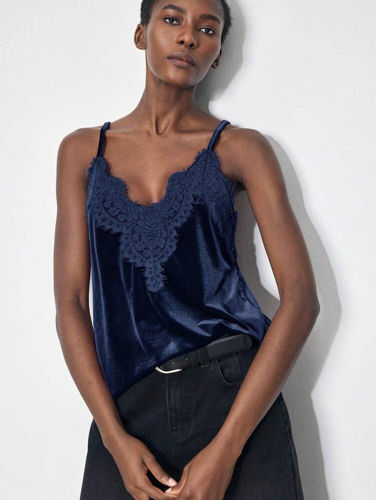 SHEIN Maija Camisola de mujer con parches de encaje azul y terciopelo, prenda exterior de negocios casuales urbanos, atuendo elegante para Acción de Gracias, Navidad, Año Nuevo, invitado de boda, uso en la oficina, básico minimalista casual