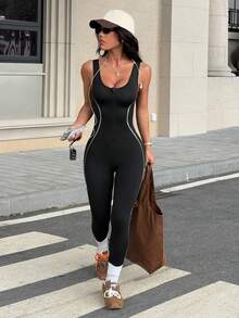 Dewbera Women's V-Neck Zipper Front Contrast Stripe Splicing Backless Jumpsuit, Suitable For Daily Casual Wear, Running, Yoga, Gym, Tennis, Golf, Spring/Autumn - Black - View 7