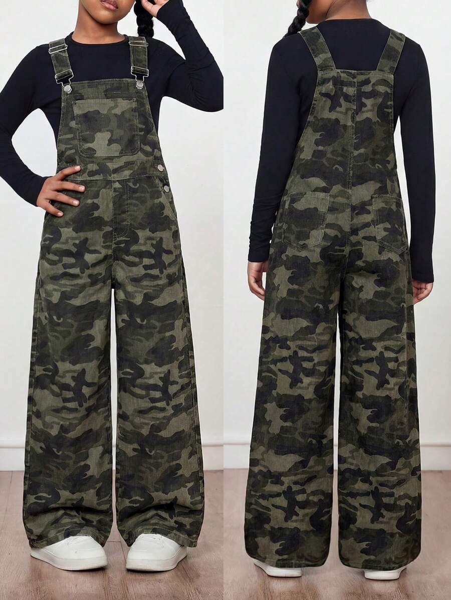 Tween Girl Camouflage & Tree Branch Print Pocket Denim Bib Pants - Army Green - View 1