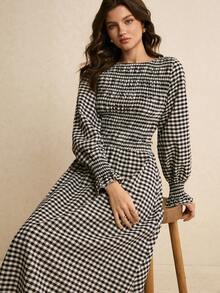 Poéselle Women's Elegant Commuter Plaid Midi Cotton Dress, Plaid Dress Women, Gingham Dress, Checkered Dress - Black and White - View 4