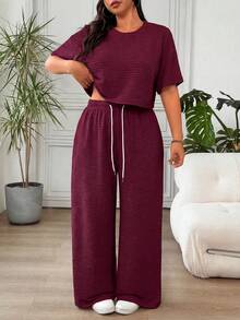 Solflare Women's Plus Size Solid Color Round Neck Short Sleeve Top And Drawstring Waist Wide Leg Pants Casual 2 Piece Set, Summer Outfits - Rusty Rose - View 5