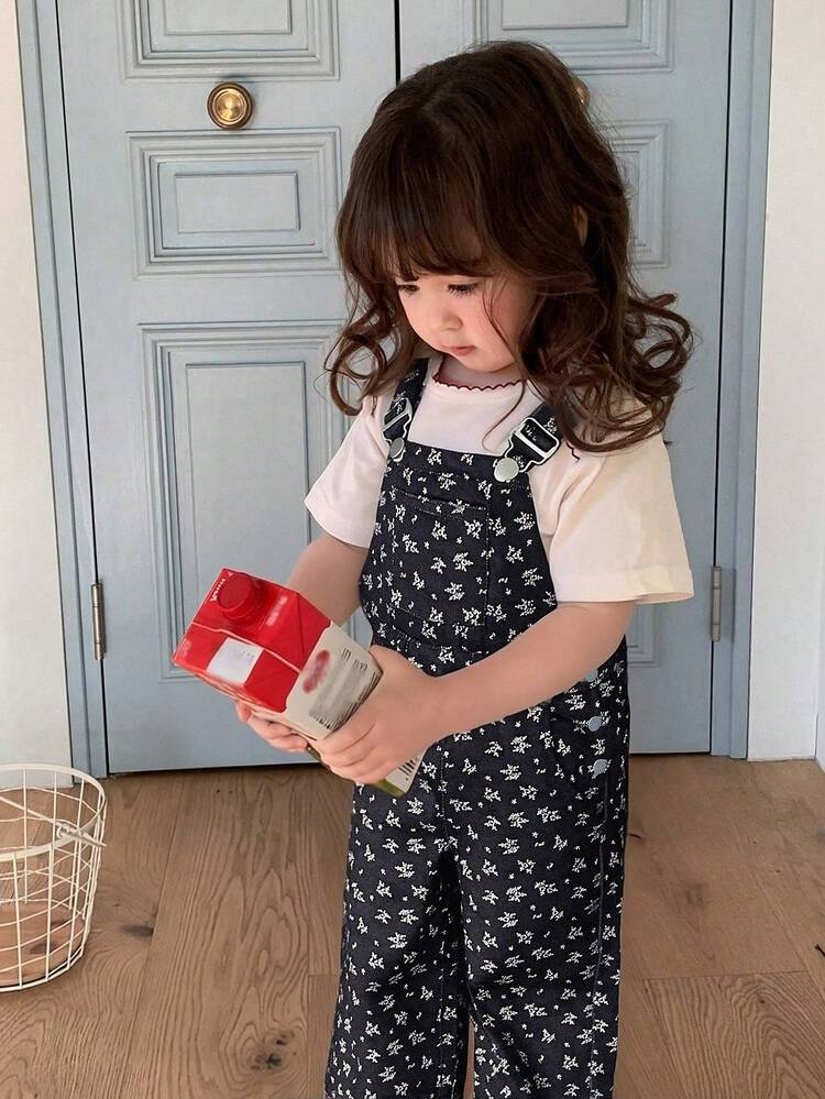 Baby Girl Floral All-Over Print Casual Bib Overalls Jeans