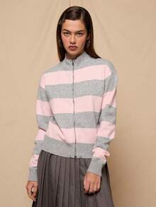 COUREZ Long Sleeve Zip Up Cardigan In Stripe /Y2K Spring Clothes For Women Cute Cardigans Going Out Tops Party Outfits  Summer Tops Summer Outfits - Pink - View 4