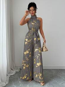 Elenzga 万圣节服装 无袖荷叶领优雅浪漫精致女士阔腿连体裤 - 灰色 - 查看 5