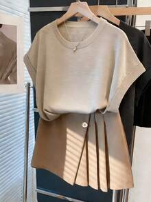 Franclia 两件套：女士休闲宽松圆领杏色短袖T恤和棕色百褶裙，春夏时尚别致 - 彩色 - 查看 1