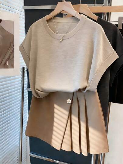 Franclia 2pcs/Set Women's Casual Loose Fit Round Neck Apricot Short Sleeve T-Shirt And Brown Pleated Skirt, Chic & Stylish For Spring/Summer