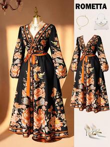 Rometta Váy maxi thắt eo thanh lịch cho nữ cỡ lớn, Váy cổ chữ V họa tiết hoa đi nghỉ và hẹn hò, Váy maxi thắt eo cổ chữ V sang trọng khi đi làm cỡ lớn, Váy maxi họa tiết hoa thời trang giúp thon gọn, Thích hợp cho kỳ nghỉ, tiệc tùng hàng ngày, ăn tối, tụ tập - màu đen - Xem 3