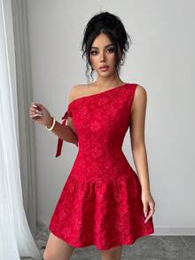 Elenzga Đầm ngắn phối vạt chéo, chất liệu vải jacquard dệt họa tiết, vai lệch, thắt eo, kiểu dáng thanh lịch và tinh tế, phù hợp cho công sở, sinh viên, ngày Valentine, mùa xuân/hè. - Đỏ - Xem 4