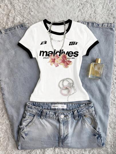 Glimmora Women's Round Neck Color Block Letter & Floral Print Casual Short Sleeve T-Shirt