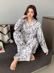 DAZY Satin Animal Print Contrast Trim Decorated Women Pajama Set - White - View 5