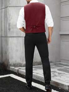 Manfinity Mode 男士加大码休闲/商务单排扣西装马甲，男士正装，男士休闲马甲，适合日常通勤、男士日常休闲夏季度假穿着，INS畅销款，完美适用于外出和日常穿着，纽扣闭合设计，打造时尚百搭造型。是送给男友或丈夫的绝佳礼物。商务休闲男士西装马甲，日常休闲之选。 - 酒紅色 - 查看 2