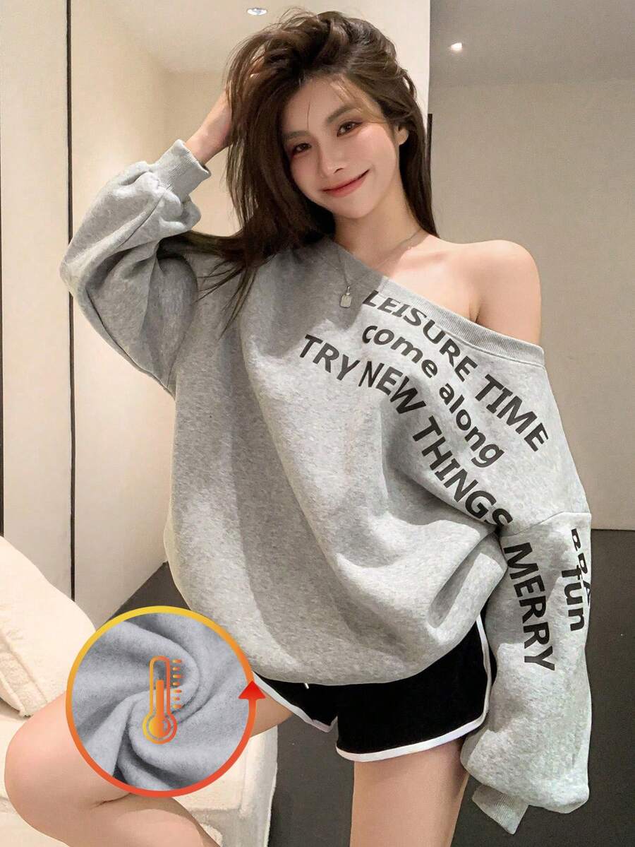 Joudiya Áo nỉ nữ lót nhiệt in chữ bất đối xứng cỡ lớn, áo dài tay, quần áo mùa thu, lót nhiệt - Xám - Xem 1