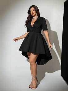 Viva Relle Plus Size Sexy Summer Deep V-Neck Asymmetric Hem Short Sleeve Dress - Black - View 5