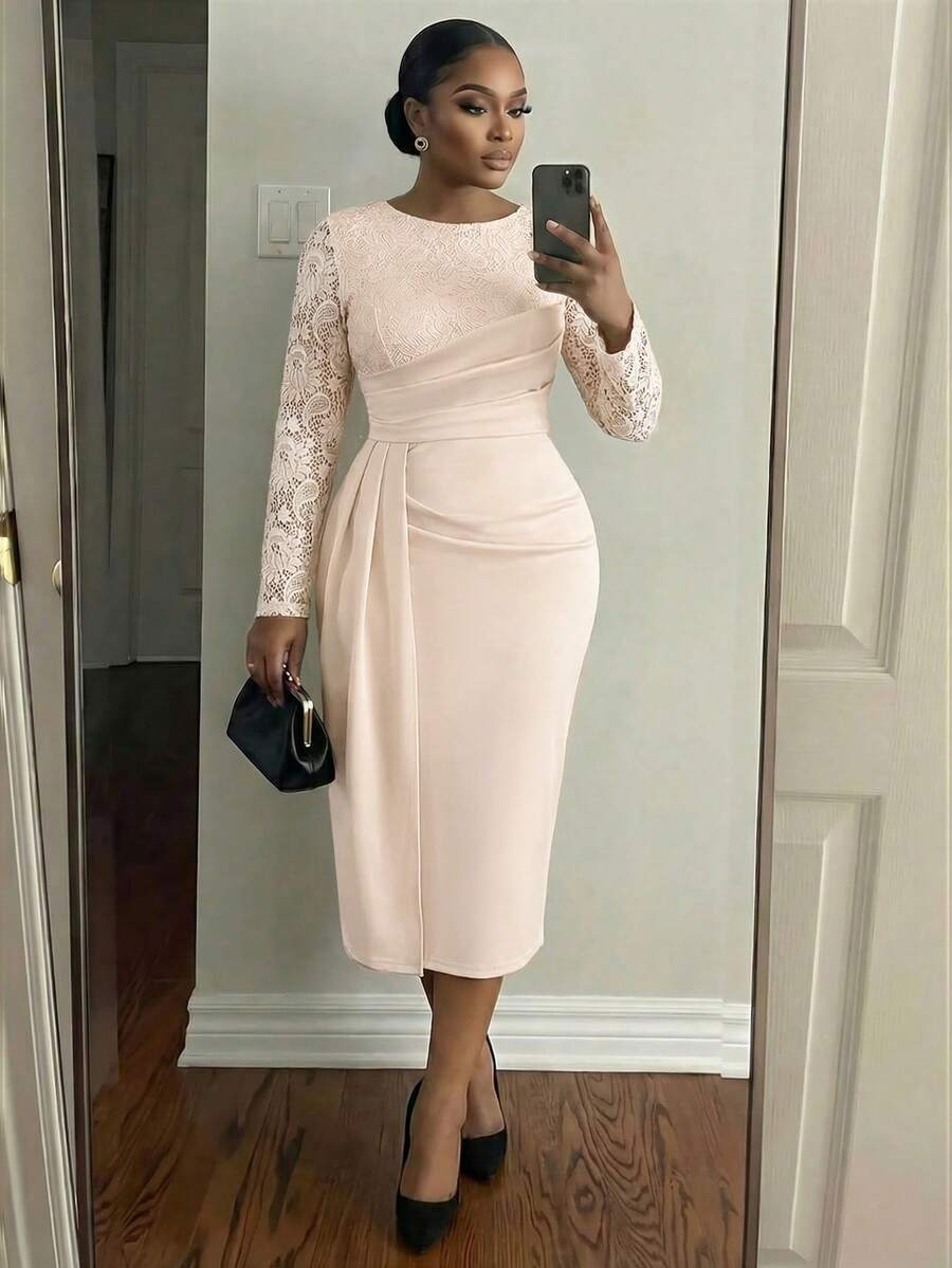 SHEIN Lady 秋冬季优雅通勤办公彩色针织立领喇叭中长长袖大码连衣裙 冬季女装 感恩节女装 冬季服装 长袖连衣裙 冬季连衣裙 优雅服装 秋季女装 黑色长袖连衣裙 秋季女装 秋季服装 曲线优雅女装 - 香檳色 - 查看 1