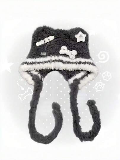 ROMWE Anime 1pc Black & White Patchwork Y2K Punk Style Star Decor Kawaii Cute Cat Paw Bow Knit Hat, Subculture Cat Paw Fashion Simple Design, Warm Accessory Suitable For Home, Outing, Commuting, Dating, Shopping