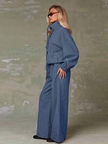 Athîral 女士休闲格子拉链立领落肩外套，秋季款 - 寶藍色 - 查看 5