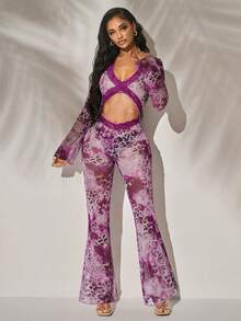 Radiana Women's Sexy Fashion Purple Leopard Print Lace Patchwork V-Neck Backless Jumpsuit - Multicolor - View 5