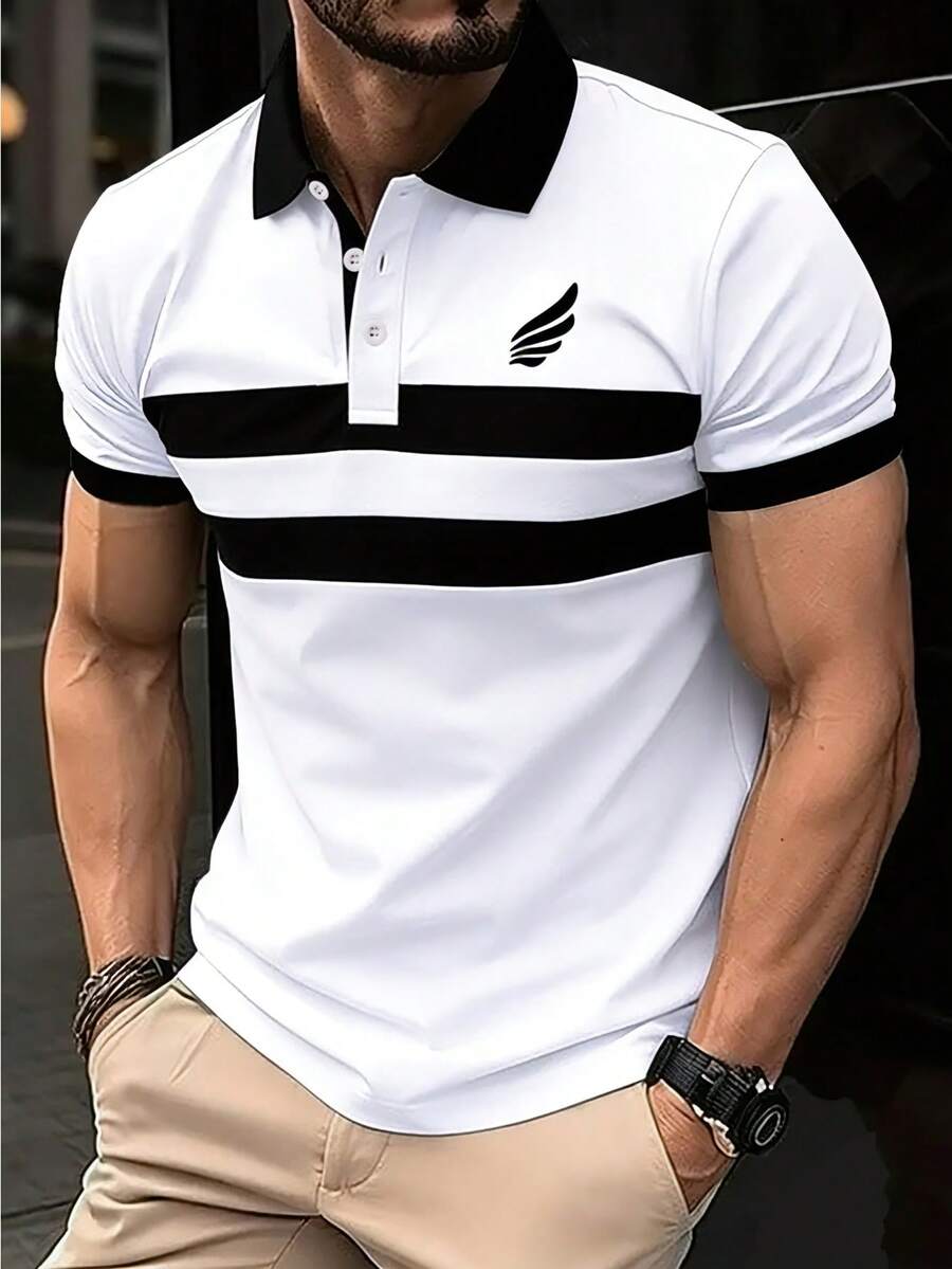 Manfinity Homme Men's Striped Casual Short Sleeve Half-Placket Polo Shirt, Summer - White - View 1