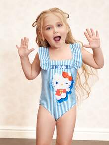 HELLO KITTY AND FRIENDS | SHEIN 女童条纹卡通图案方领连体泳衣 - 藍色 - 查看 8
