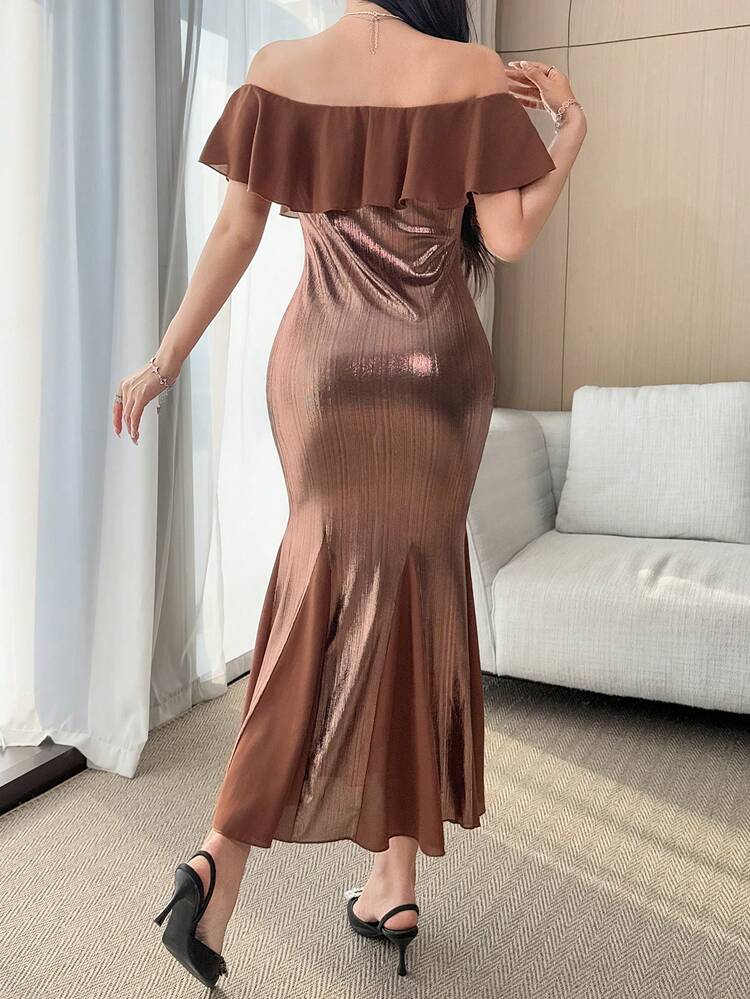 Women's Elegant Contrast Color Patchwork Off Shoulder Ruffle Hem Midi Dress, Summer Wedding Guest Dress Sundress